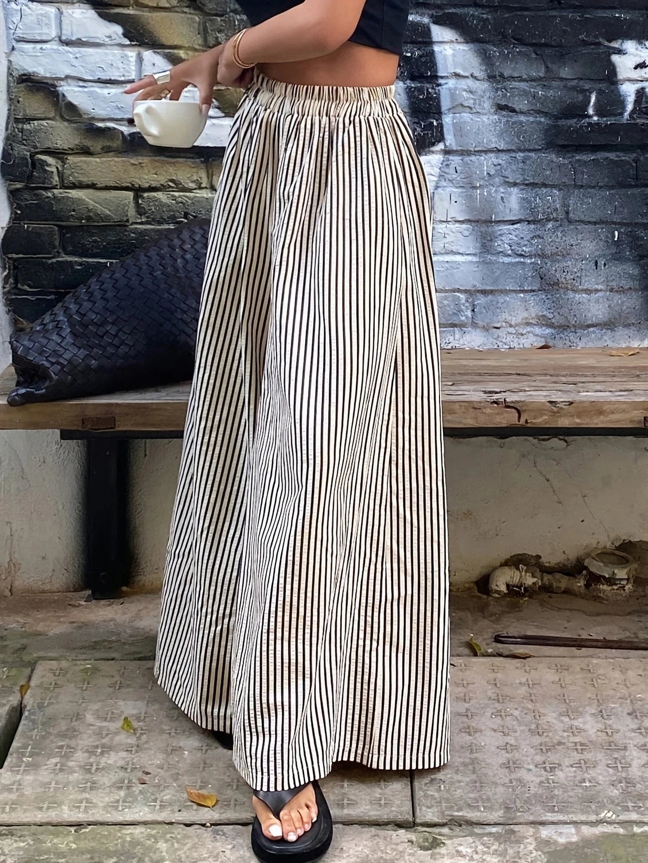 Plus size European style spring and summer striped pocket elasticated waist wide-leg trousers.  1X-5X