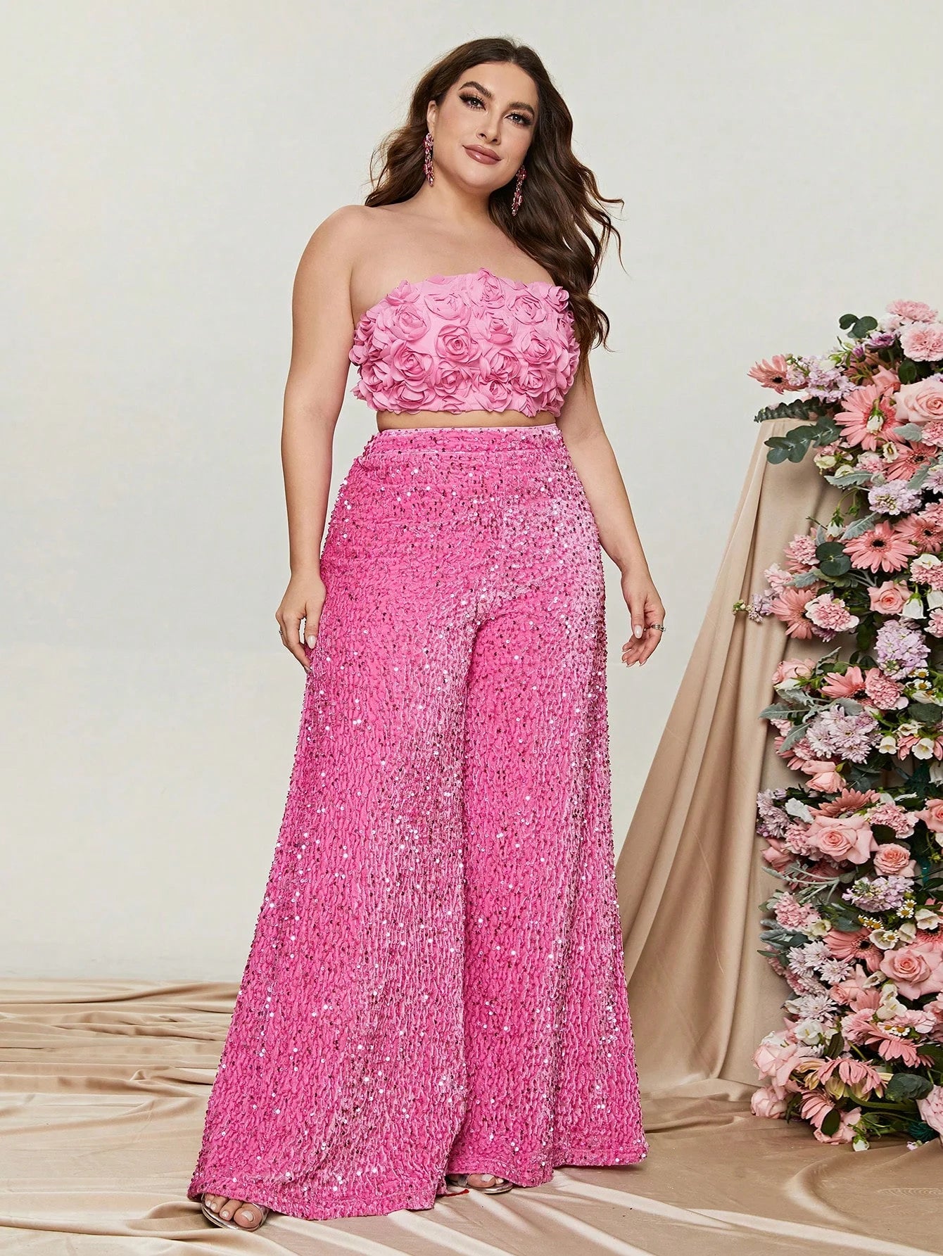 Plus Size Tube Top 3D Flower and Sequin Suit