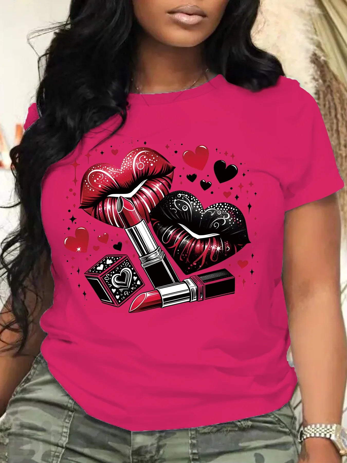 Women Plus Size Clothing Summer Round Neck Short Sleeve Printed Love Lips Lipstick Fashion Plus Size T-Shirts Y2k Top