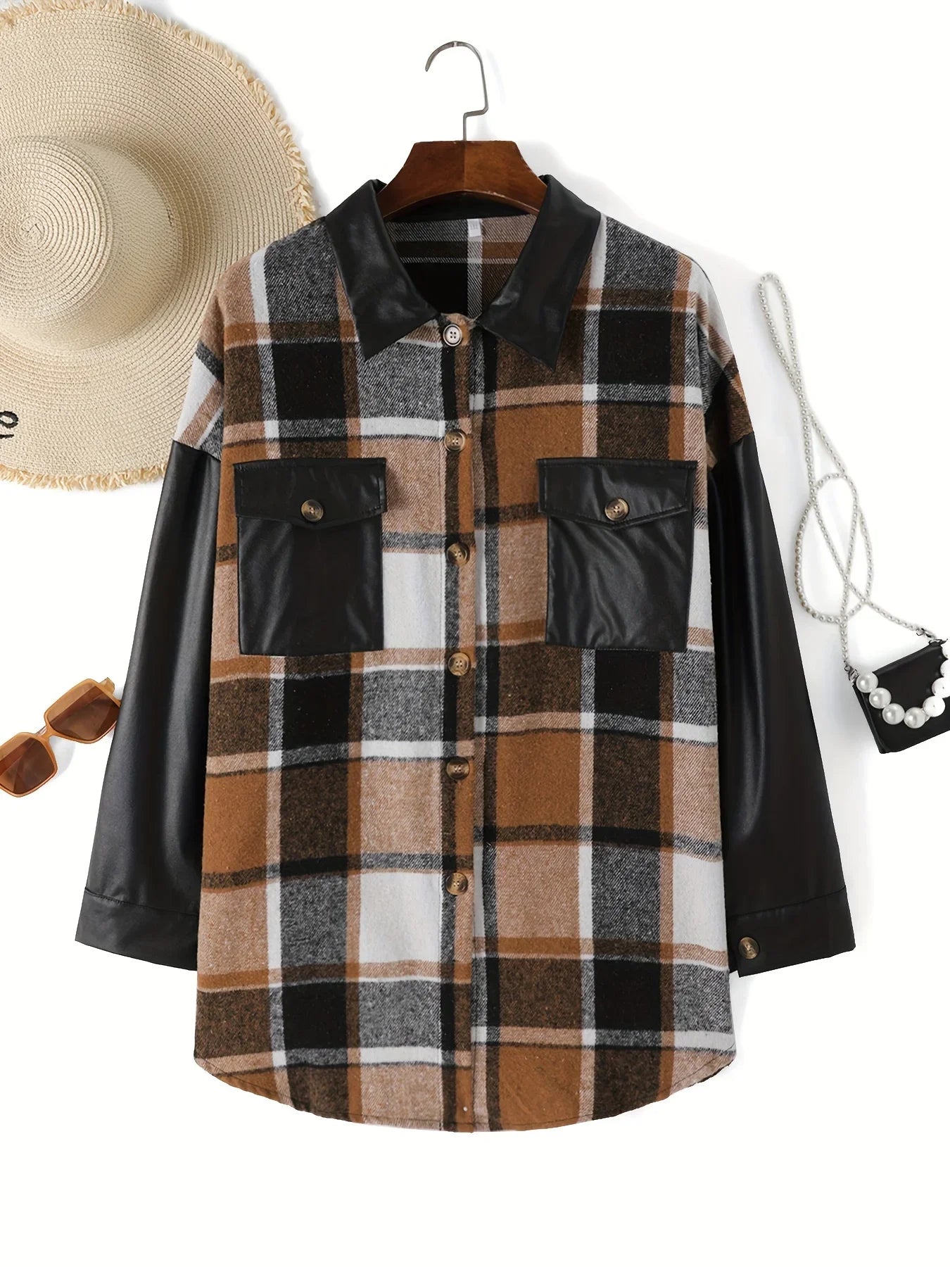 Plus Size Women's Autumn and Winter Plaid Lapel Casual Long Sleeved Pocket Fashionable Loose Fit Patchwork Jacket