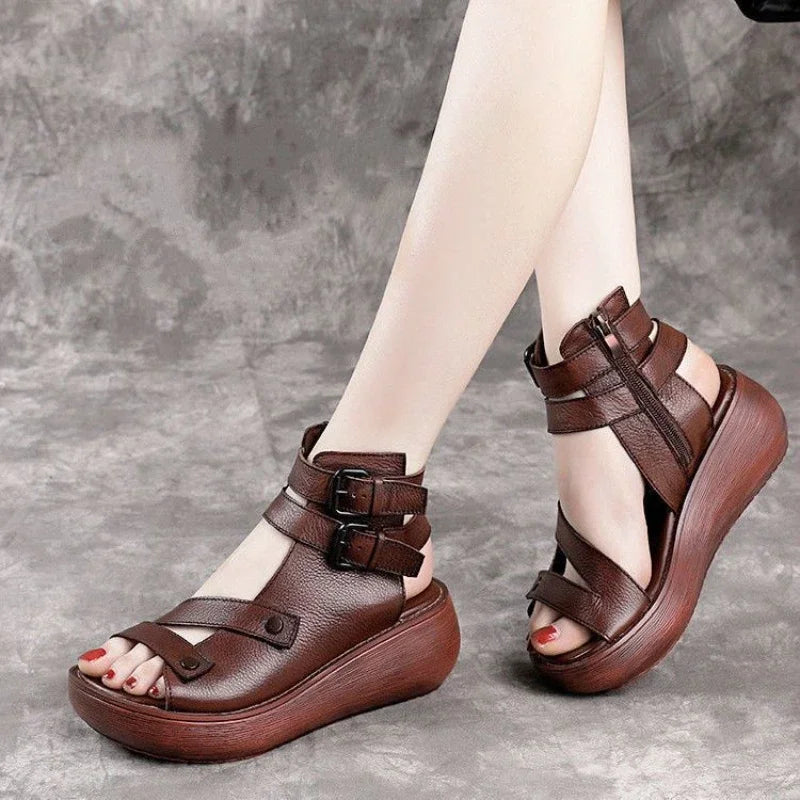 Sandals Summer 2025 Mid Heeled Wedges for Women, Retro Leather Gladiator Sandals