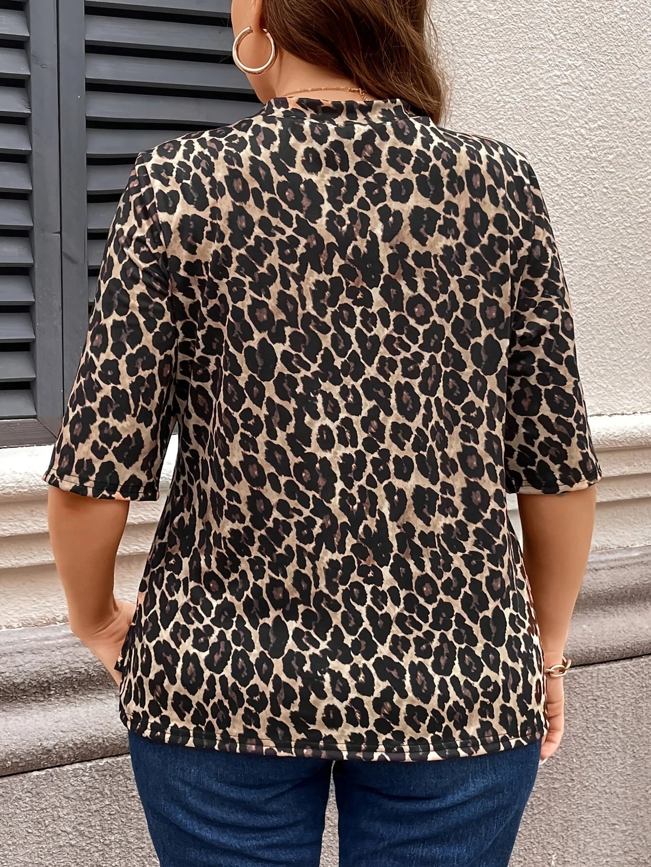 Plus Size Leopard Print Open Front 3/4 Sleeve Elegant Top All Season Wear
