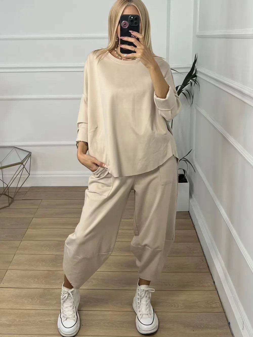 Solid Pullover Two Piece Set O Neck Top, Long Pants Tracksuit Retro Loose Sport Suit.  S-3X