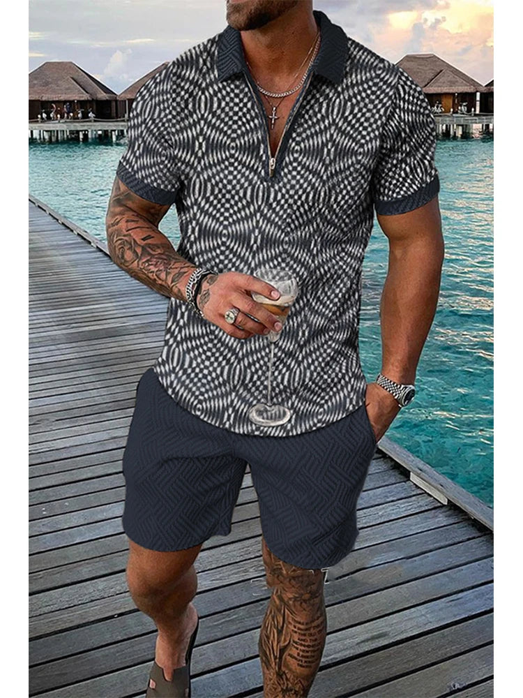 New Summer Trend Retro Print Men's Two Piece Set Casual Zipper Collar Polo Shirt And Shorts .  S-5X