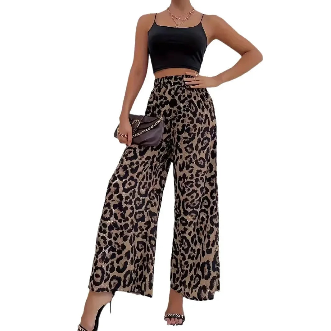 Fashionable Leopard Printed Elastic Waist Loose-Fit Casual Bell Bottoms.  S-2xL