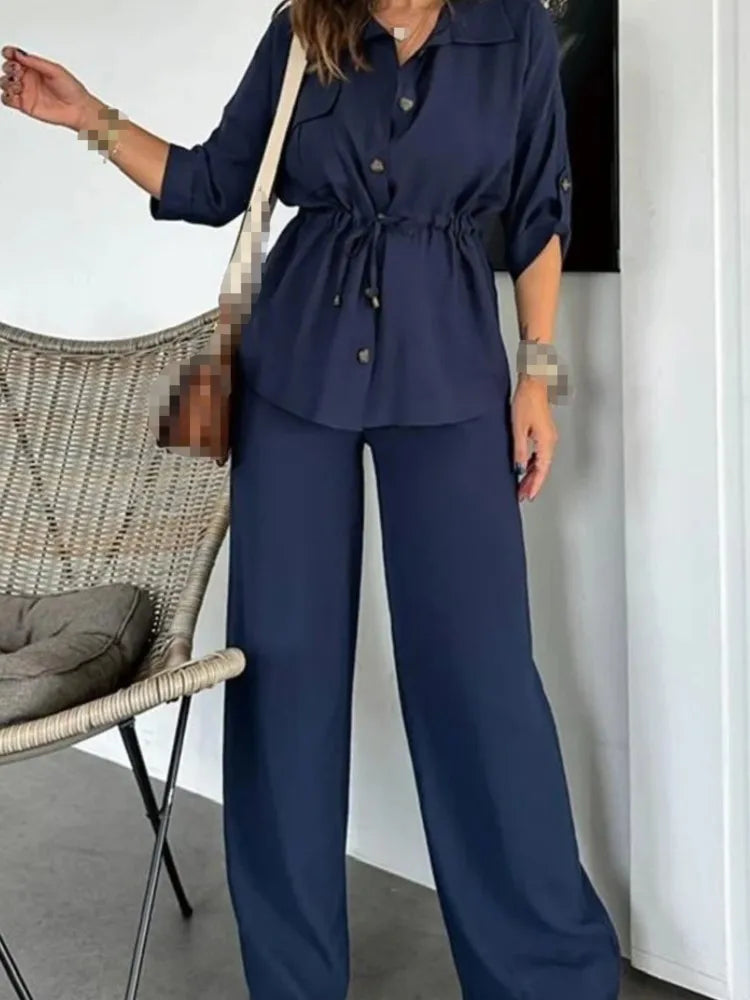New Fashion Women's Long Sleeve Suit Casual Baggy Drawstring Shirt And Pants Female Two Piece Set.  S-3X