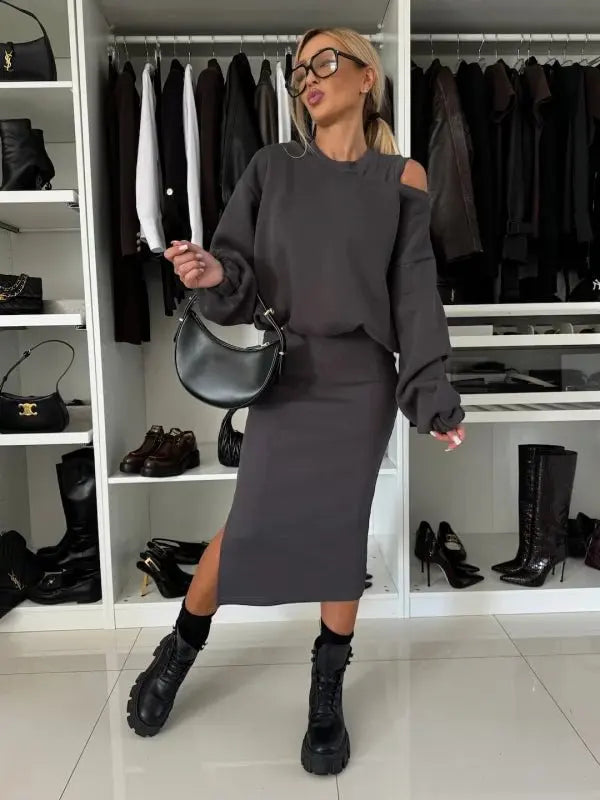 New Dress With Sweatshirt Two Piece Sets Women Fashion Solid Lantern Sleeve Pullover Top Outfit Tank Dress .  S-XL