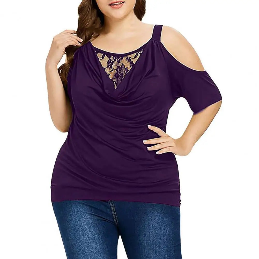 Plus Size Summer Women Blouse Lace Short Sleeves Hollow Out Solid Colour Off Shoulder Blouse