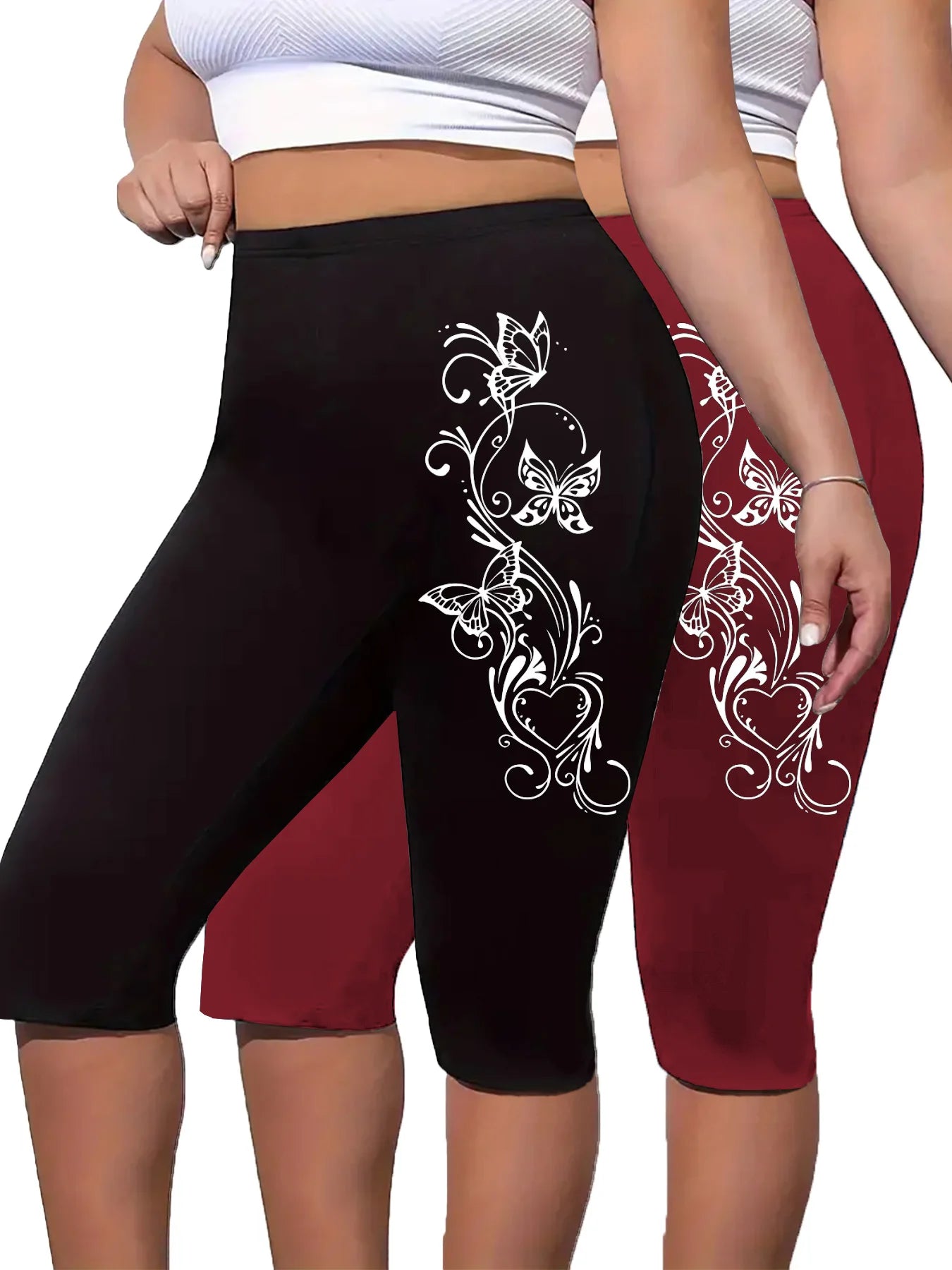 Two Pieces Of Plus-size Women's Printed Cropped Pants, Tight-fitting Cropped Pants, Comfortable Elastic pant