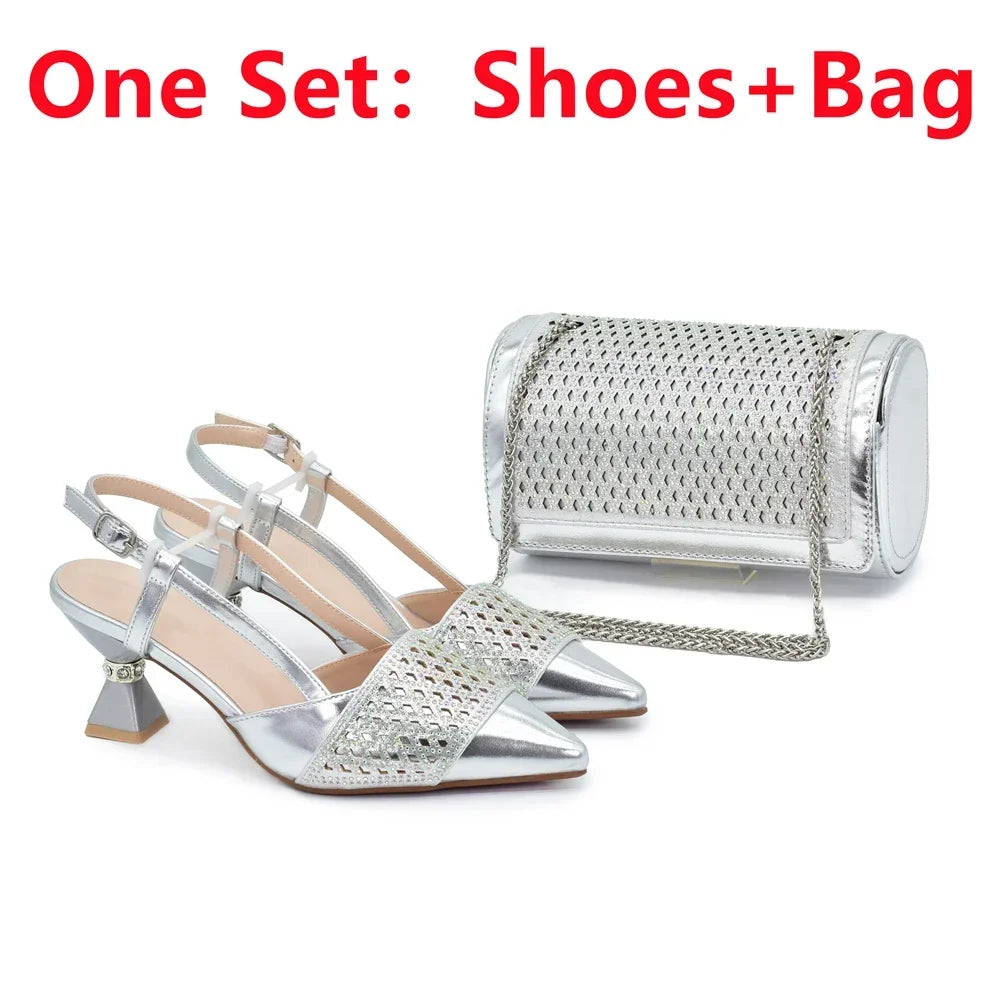 New Arrival Women Italian Shoes and Matching Bag Set Decorated with Rhinestones