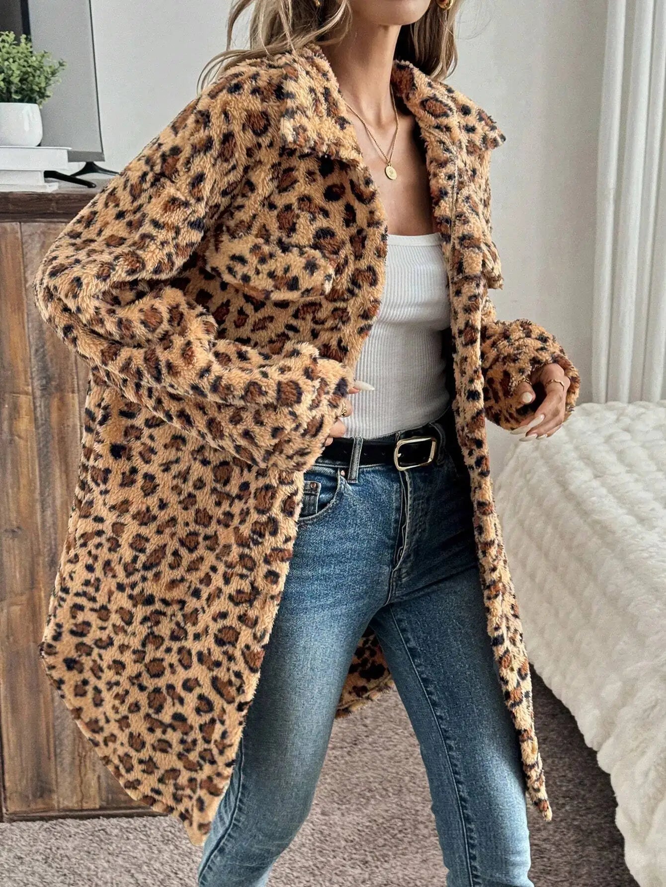 Women Mid Length Leopard Print Coat - Turn Down Collar Warm Autumn Winter S-XL