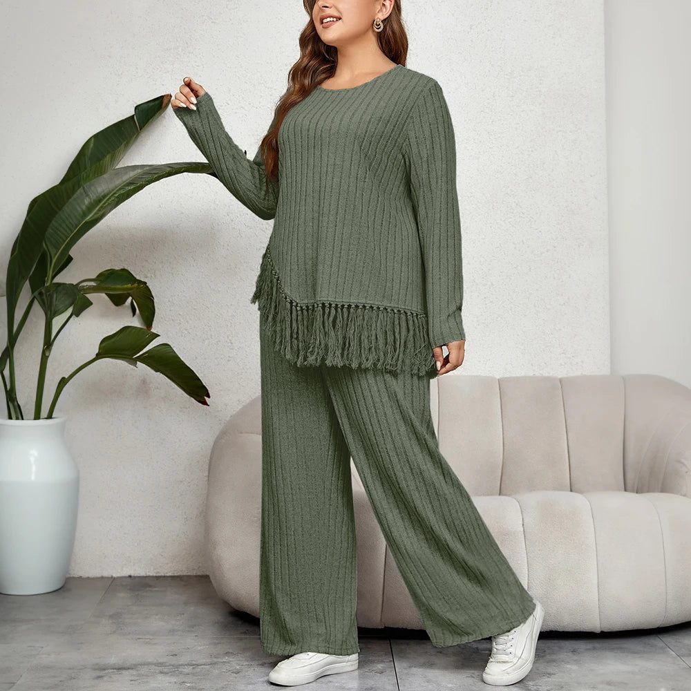 Plus Size 2 Piece Women Pants Set Loose Ribbed Long Sleeve Tassel Irregular Hem Top And Pants