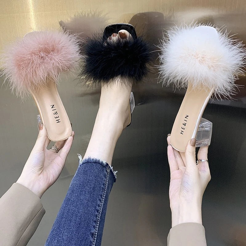 Fashion Women's Summer New Open Toe Plush Faux Fur Chunky Heel  Square Toe Sandal