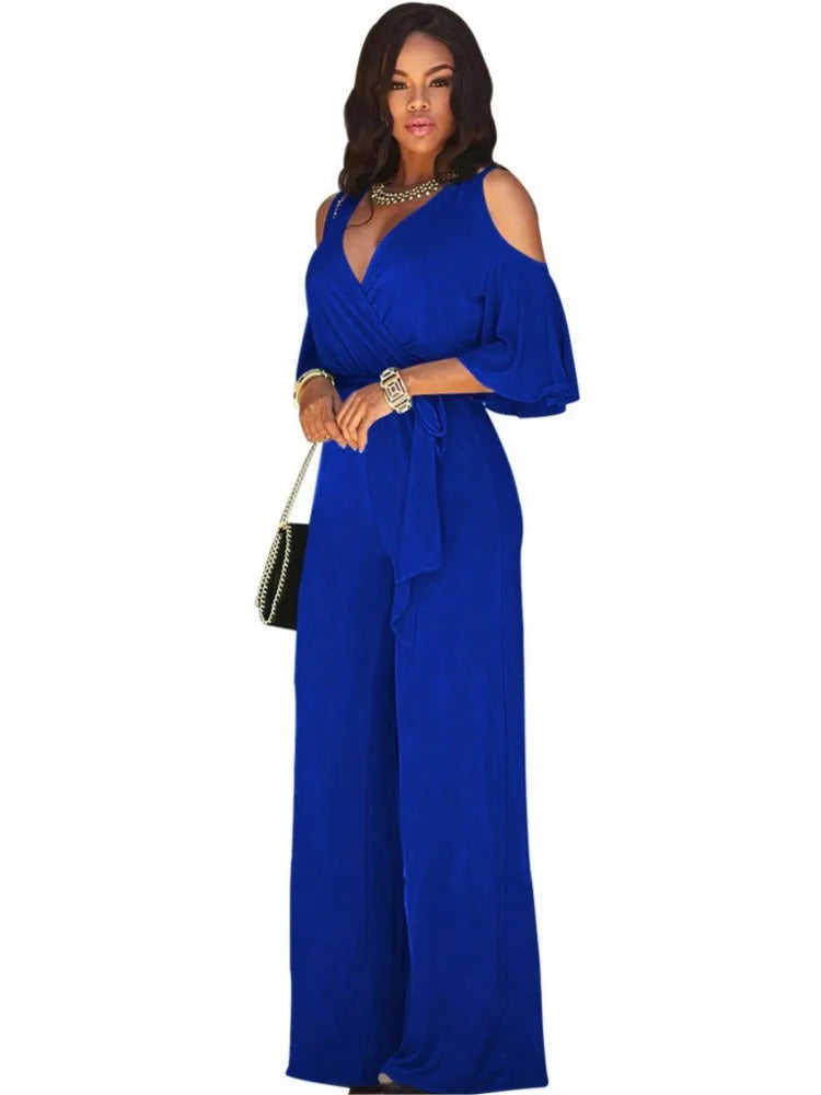 Spring Summer Solid Color Women Sexy Deep V Neck Short Sleeve Rompers Fashion Slim Fit Lace Up Elegant Female Wide Leg Jumpsuit.  S-2X