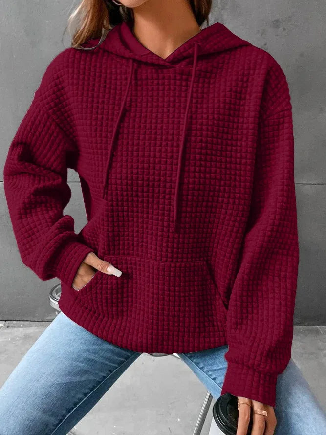 Women's hooded sweatshirt spring and autumn style waffle fashion beautiful solid color hooded drawstring loose sweatshirt.  S-2XL