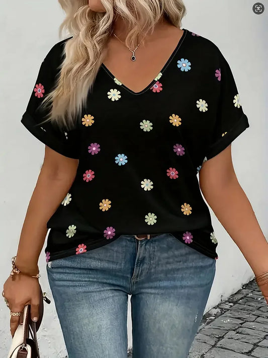 Plus size women's floral print V-neck shirt casual style perfect for spring and summer