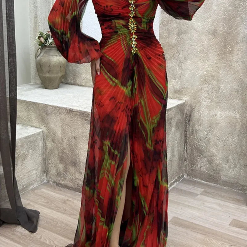 Women Floral Lantern Long Sleeve Dress Elegant Rhinestone Off Shoulder Maxi Sexy Deep V-neck Party Dress.  S-XL