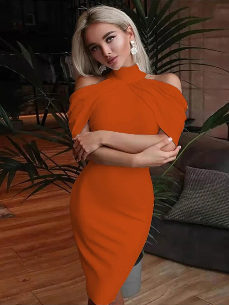 New Solid Colour Slim Midi Halter Neck Off Shoulder Elegant Party Dress.  S-3X
