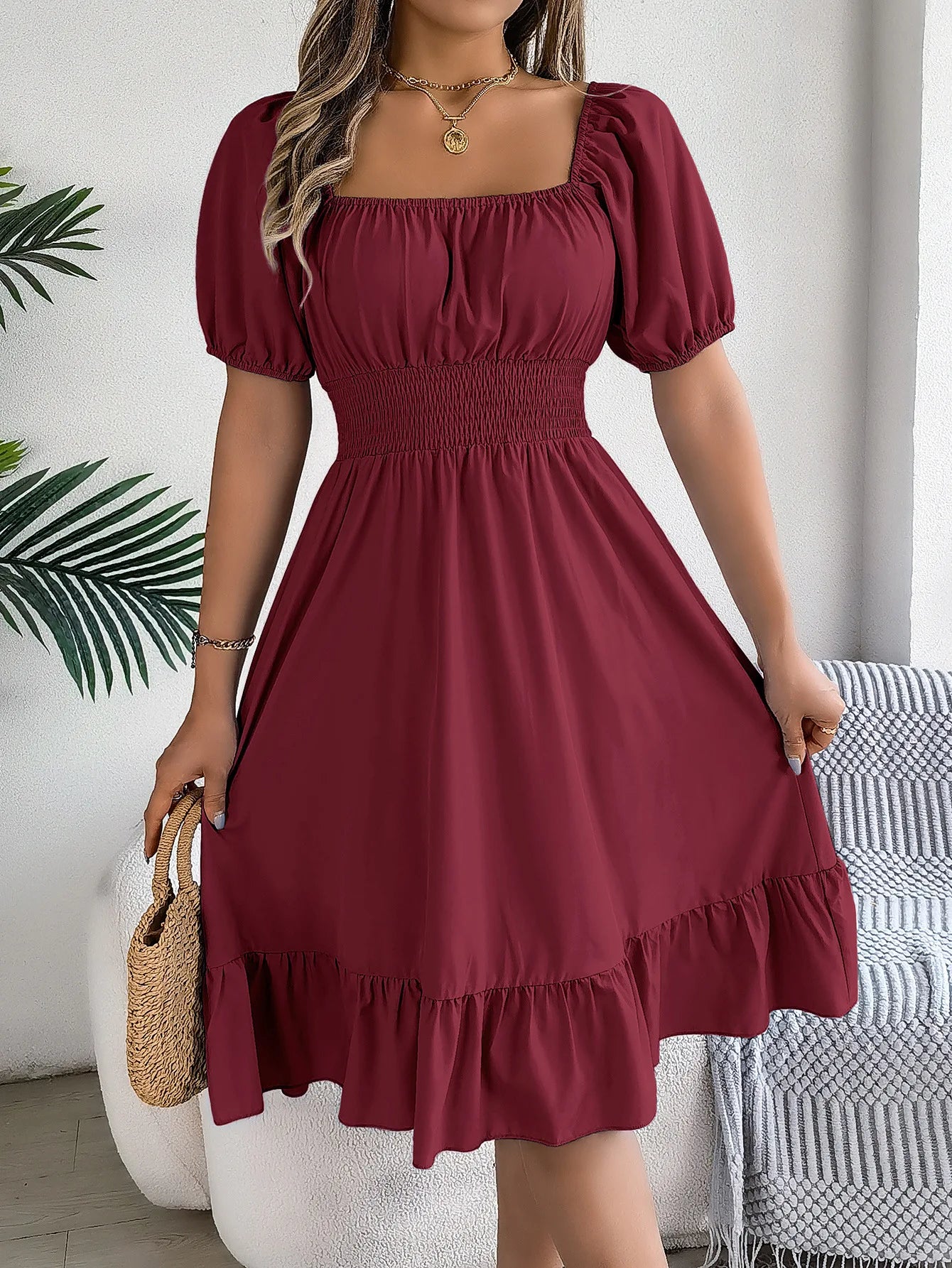 Women's Summer Casual Square Neck Short Sleeved Ruffle Edge Dress
