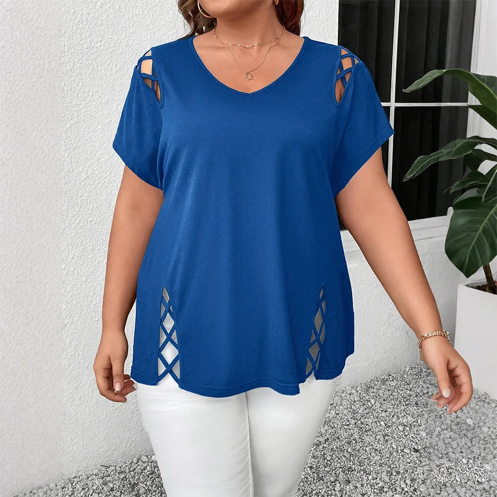 Plus Size Women's Solid Short Sleeve V-Neck Hollow Out Casual Top.
