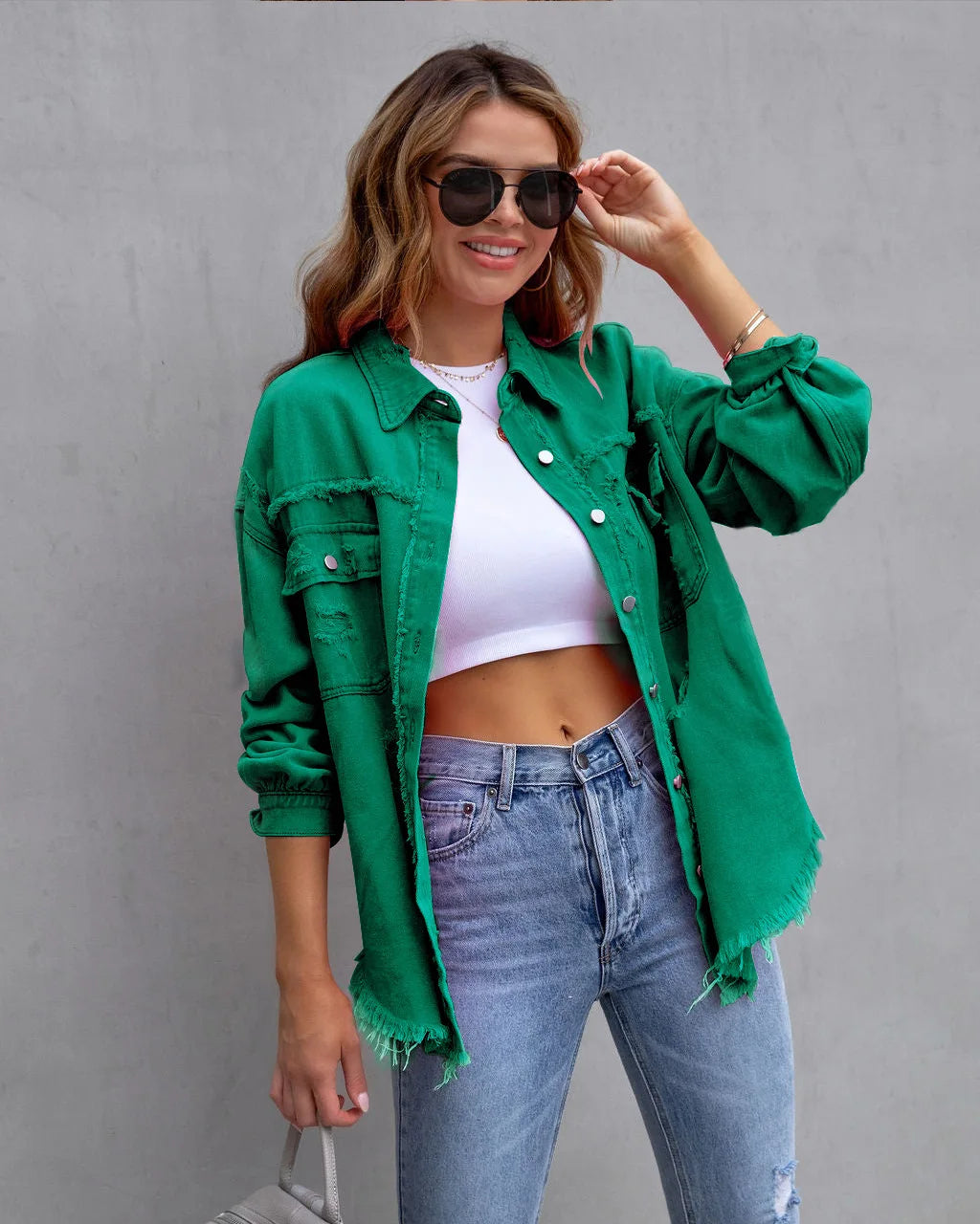 Raw-edged Denim Jacket Shirt Style Denim Casual Outerwear.   S-2x