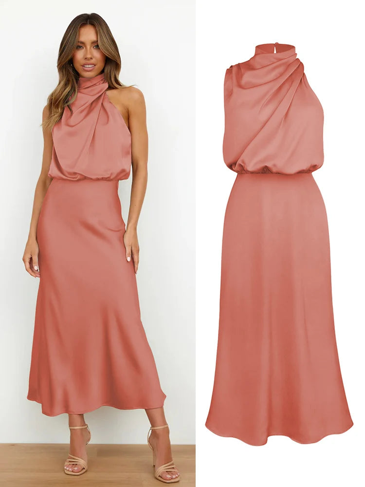 Summer High-End Silk Satin Long Dress Women Fashion Elegant Celebrity Evening Dress.  S-XL