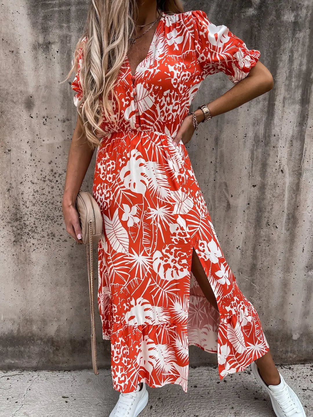 Summer Floral Print Dress V Neck Side Slit Short Sleeve Button Slim Spring Party Dress.  S-3X