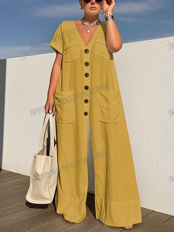New Summer V-neck Single-breasted Women's Jumpsuits Fashion Pocket Elegant Rompers Casual Loose Oversized Women Jumpsuit.  S-2X