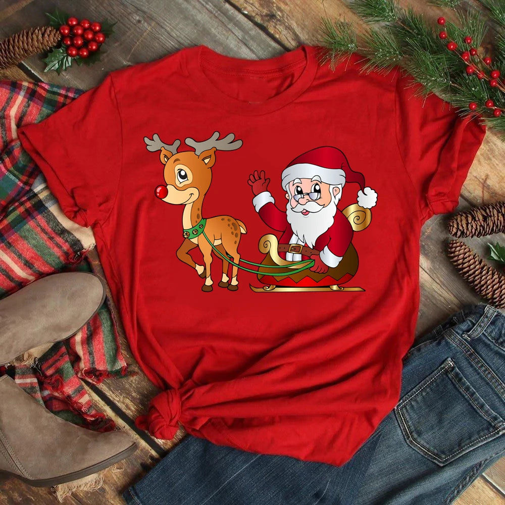 Women's Kawaii Christmas Top - Santa Claus & Deer O-Neck Y2K T-Shirt.  S-3X