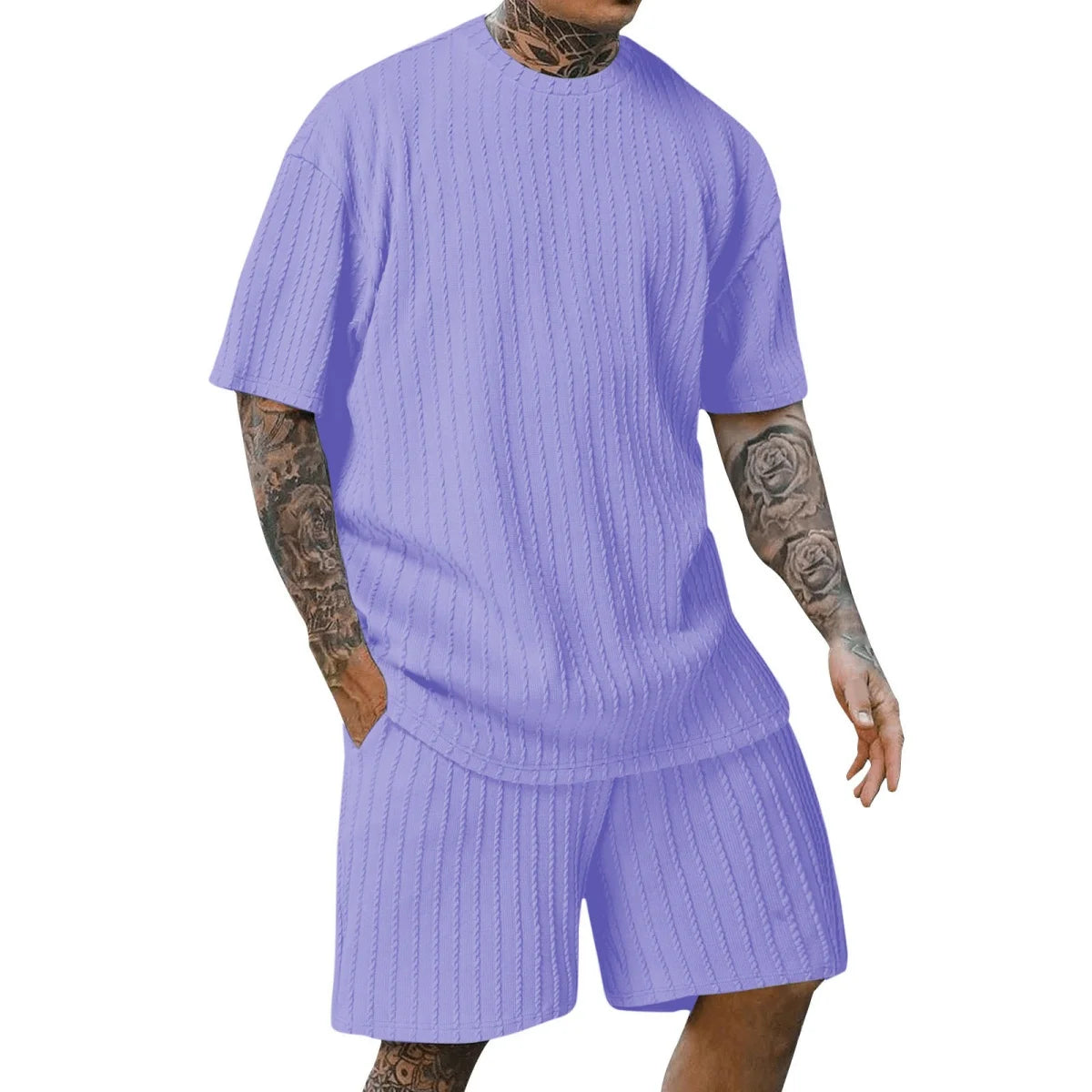 Men's Popular Casual And Soft New 2025 Two-Piece Solid Colour Crew Neck Vertical Stripe T-shirt And Shorts.