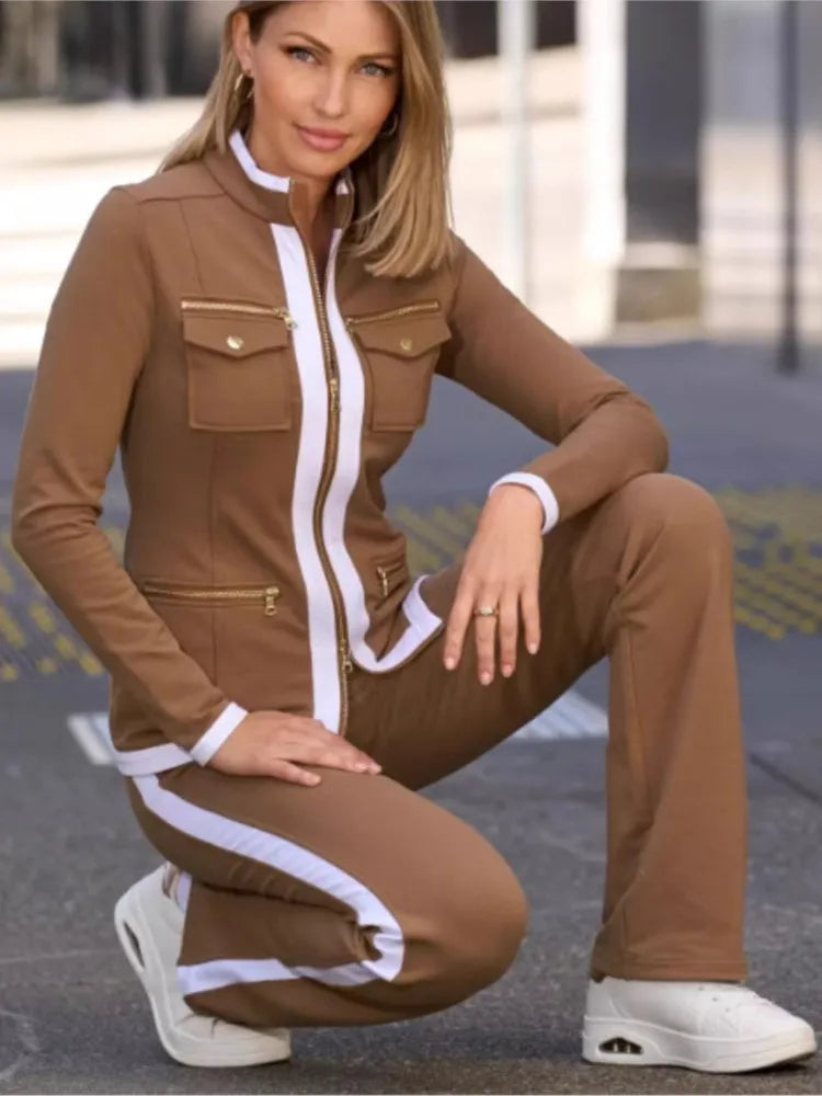 New Fashion Casual Two Piece Set Elegant Women Slim Simple Zipper Top Straight Sweatpants Suit.  S-2X