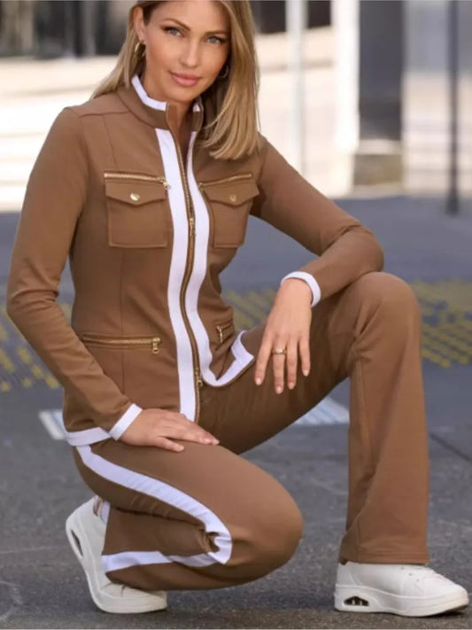 New Fashion Casual Two Piece Set Elegant Women Slim Simple Zipper Top Straight Sweatpants Suit.  S-2X