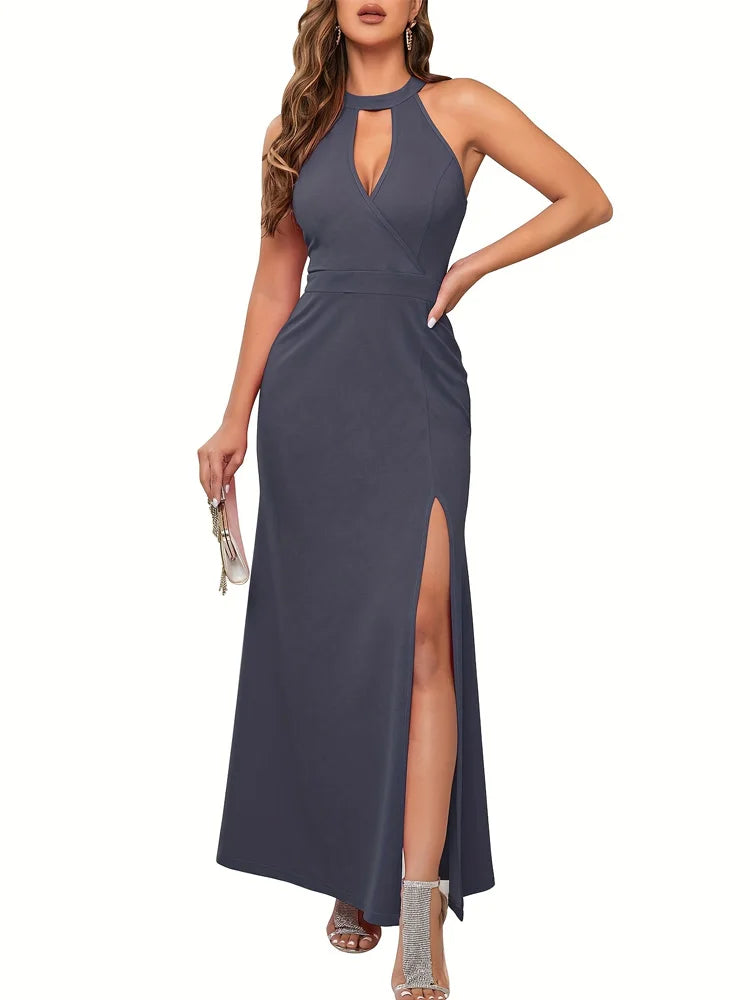 Women's Slit Sleeveless Hollow High Neck Elegant Evening Cocktail Long Dress.  S-2X