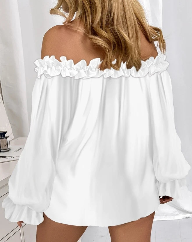 Spring Summer Women's Blouse Solid Colour Pleated Loose Ruffle Hem Lantern Sleeve Top Off Shoulder Shirt