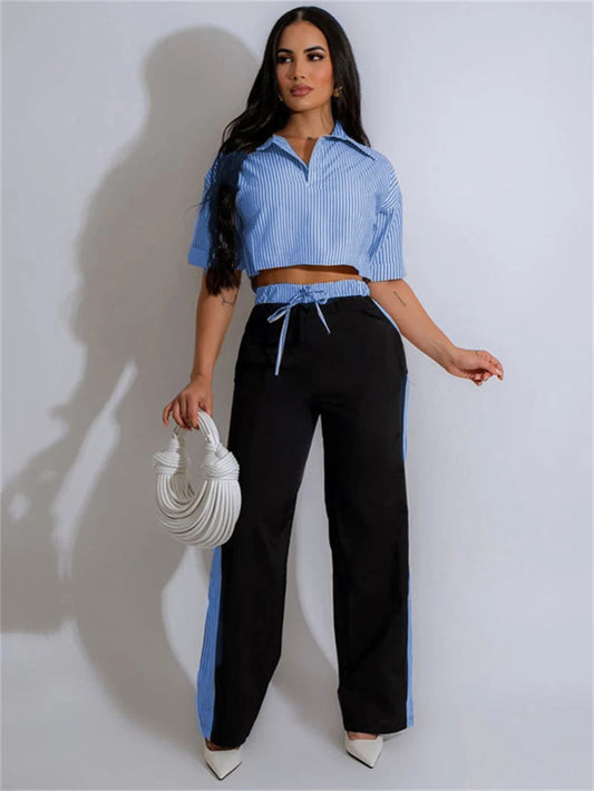 Fashion 2 Piece Women Outfit Striped Shirt Top and Pant Set Casual Sporty Suit.  S-2X
