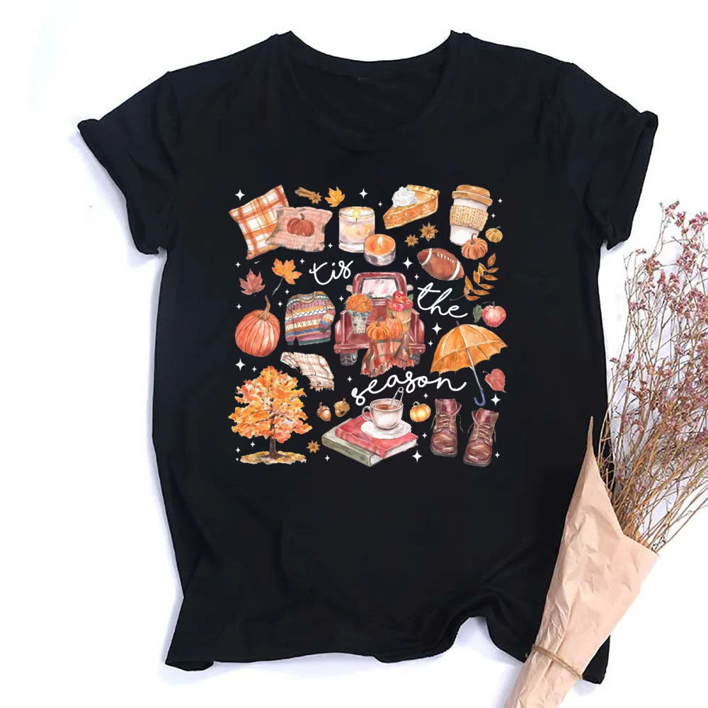 Women's Fall Shirt Pumpkin Season Short Sleeves Fashion Fall Harvest  Tshirt .  S-2X