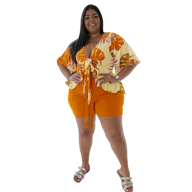 Curvy Size Comfortable Floral Print Two Piece Short Set.