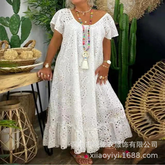 Women Dress Lace Hollow Spliced Casual Long Ruffle Solid Loose Summer  Dress 2025.  S-3X