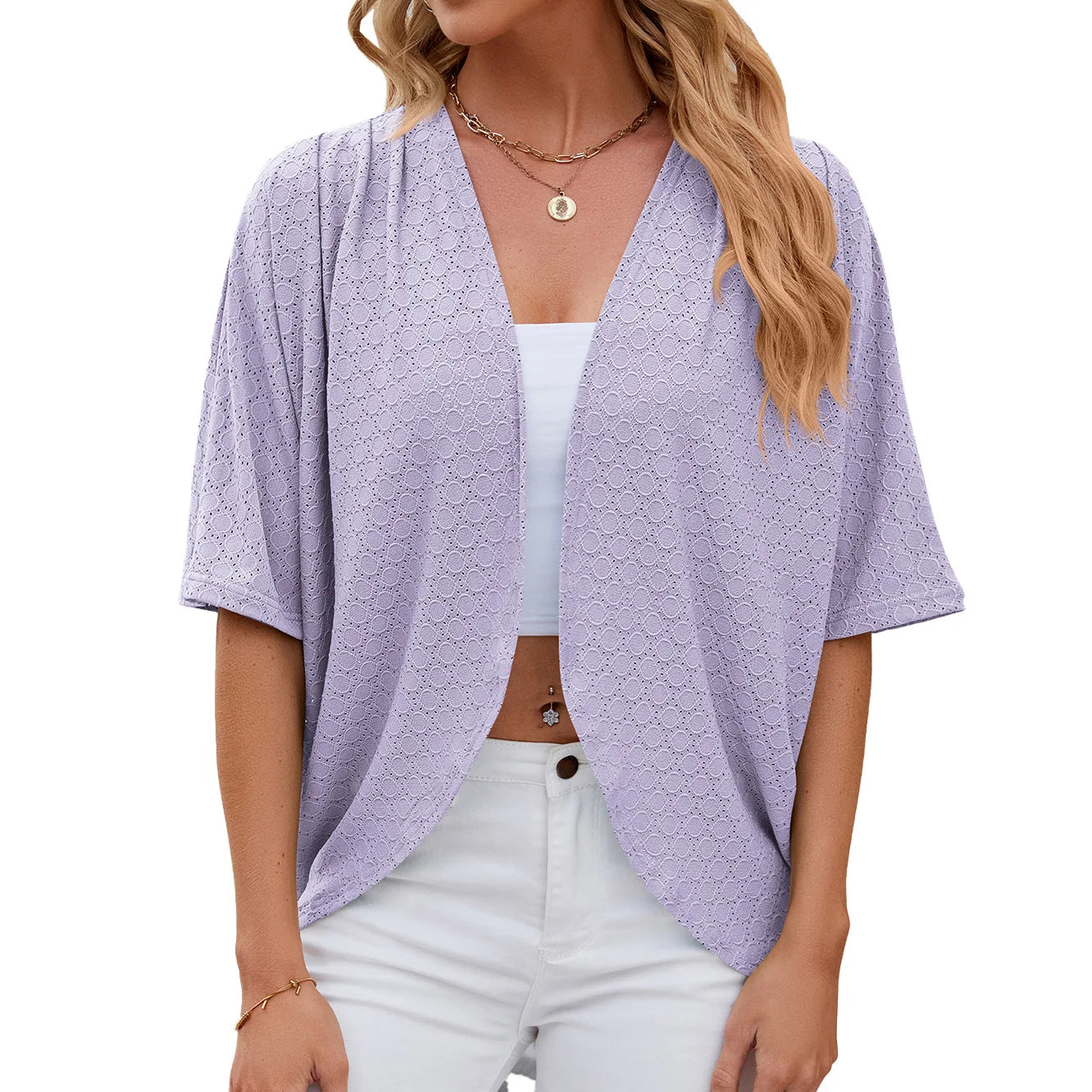 New spring Summer Fashion Ladies Hollow Out Cardigan solid color short-sleeved casual loose top Women Outwear.  S-2X