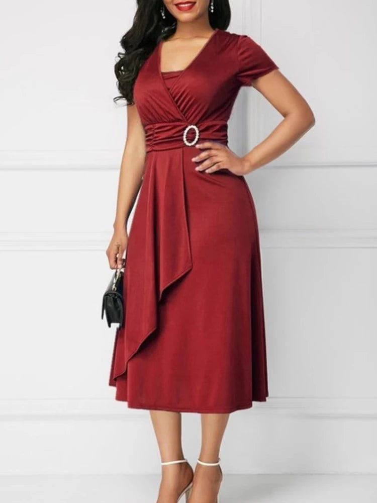 Elegant Women Solid Colour Short Sleeve V Neck Midi Party Dress.  S-5X