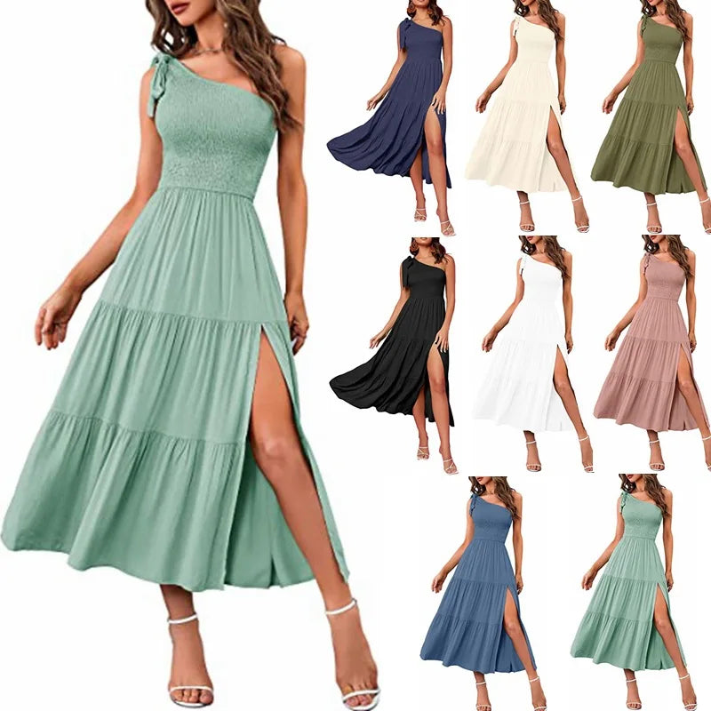 Women Tie Shoulder Dress Summer Sleeveless Side Split Sexy Tiered Ruffle Dress.  S-XL