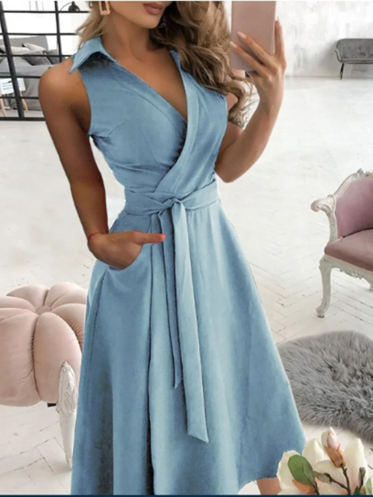 V-neck Short Solid Colour Pocket Women's Dress Elegant Fashion Style Summer Dress.  S-2X