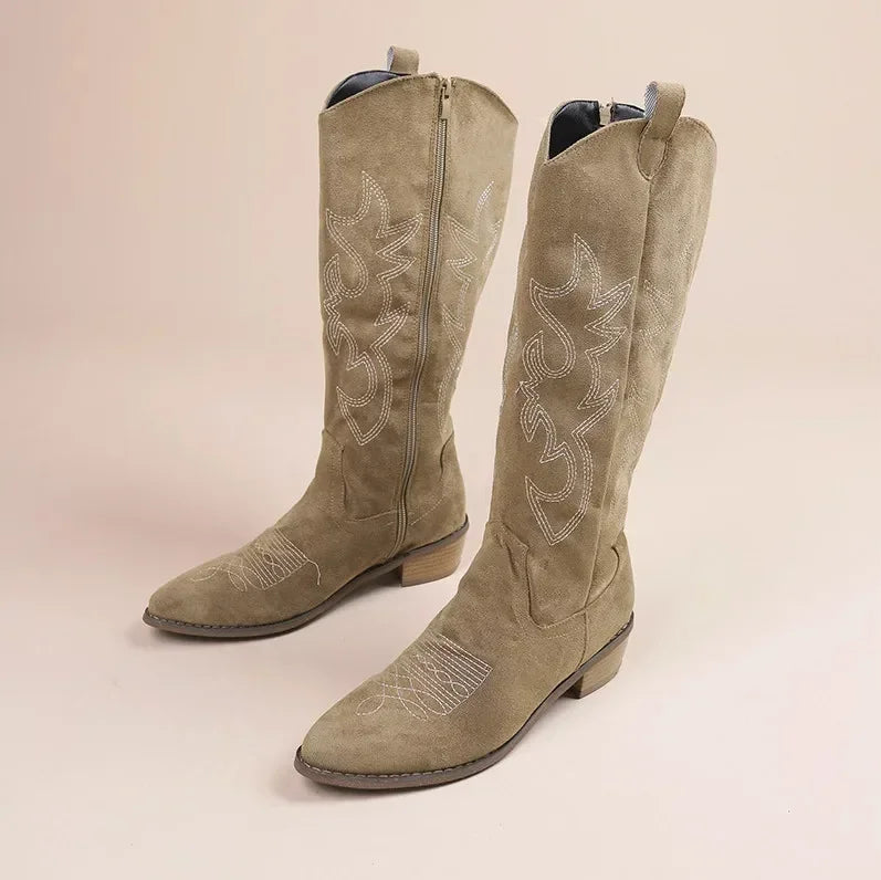 Embroidered Western Cowboy Boots for Women Pointed Toe Thick Heel High Knee Boots.   Botas Mujer