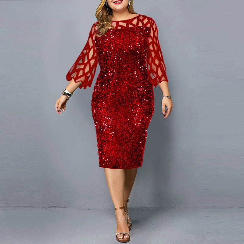 Elegant Sequin Plus Size Women Dress Sexy Casual Evening Party Dress