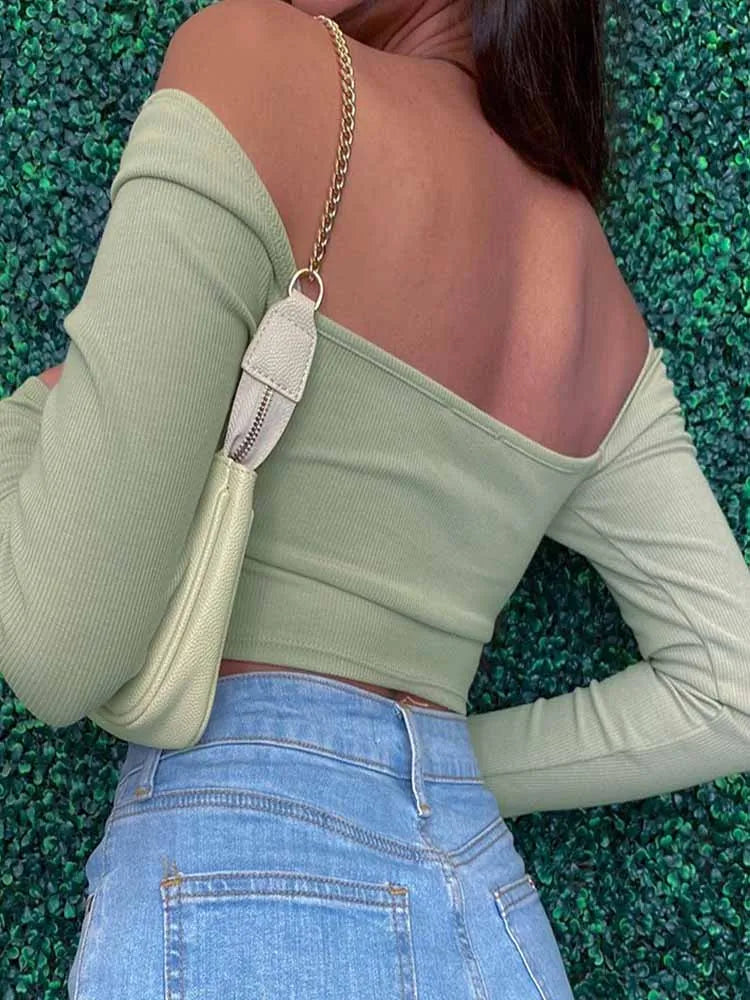 Hollow-Out Long Sleeve Crop Top Spring Fall Casual Fashion Slim Ribbed Backless