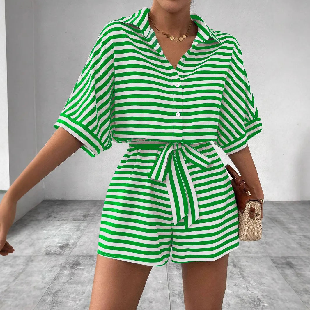 Summer New Set For Women's Casual Loose Comfortable Outfit Fashion Striped Shirt Top+ Shorts 2-piece Set.  S-2X