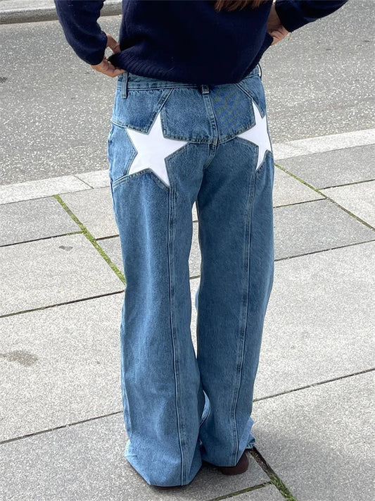 Women's Star Pattern Wide Leg Jeans - Loose Fit Casual Denim Pants