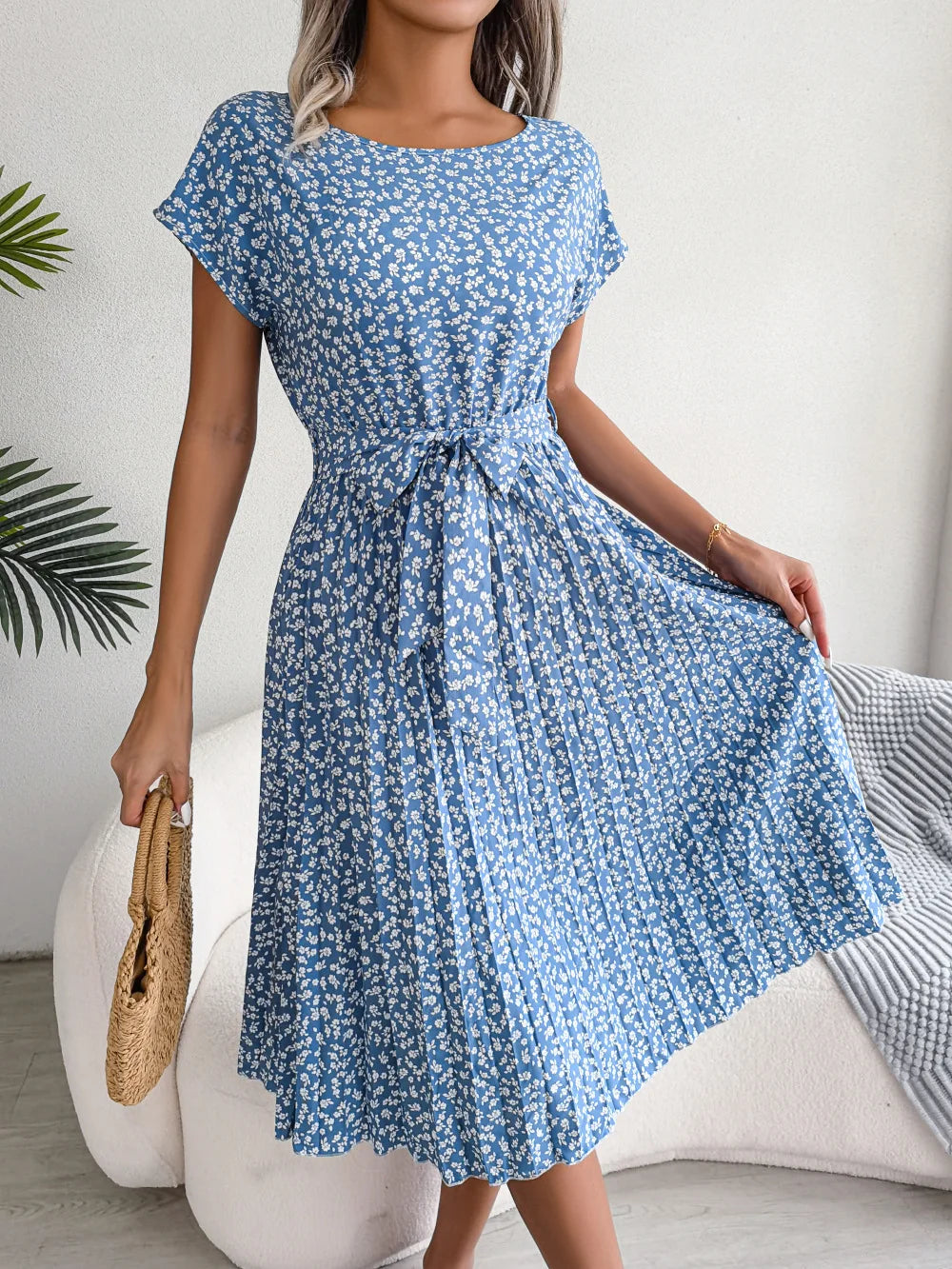 Women Spring Summer Short Sleeve High Waist Fashion Floral Pleated A Line Long Dress.  S-6X