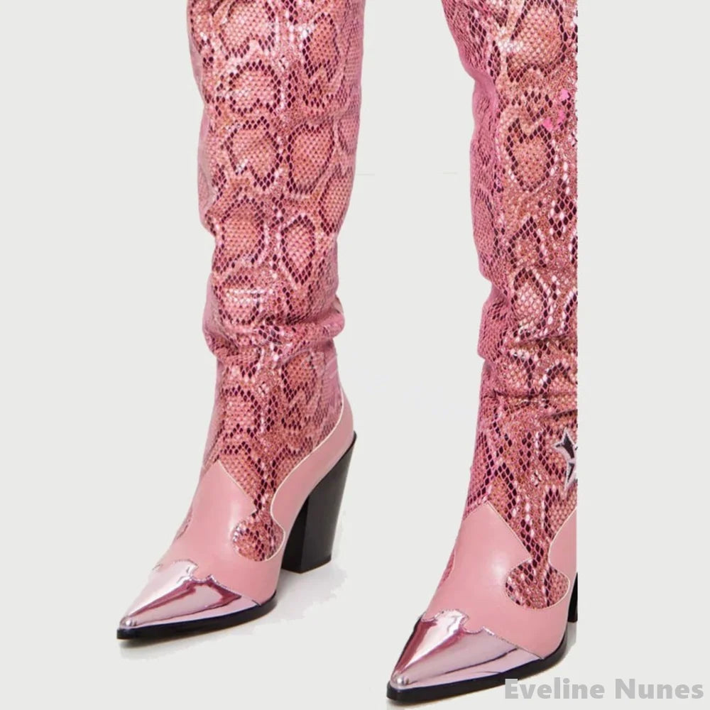 Sexy Pink Snake Print Over The Knee Boots Women Embroidered Pointed Toe Thick Heels Slip On Long Boots New Fashion Catwalk Boots