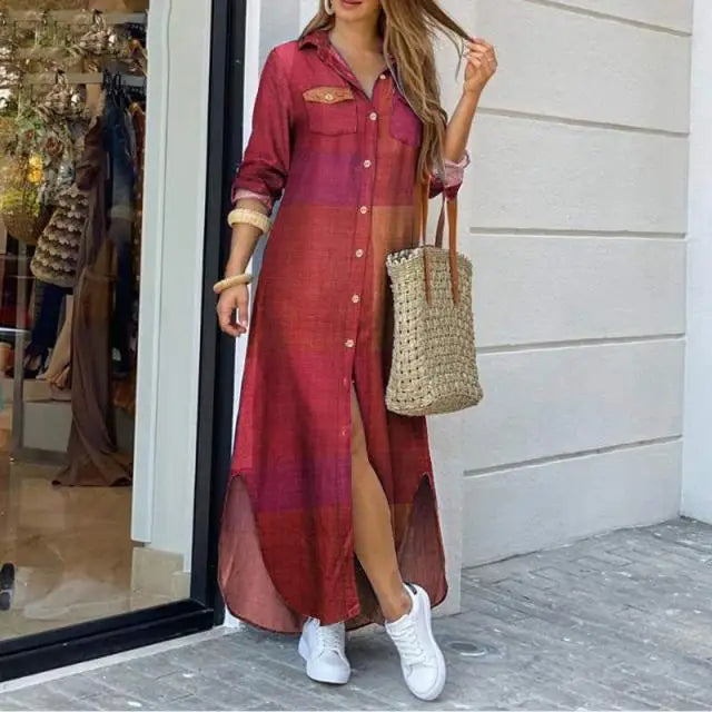 Women's Fashion Plaid Printed Polo Neck Shirt Dress Elegant Denim Long Sleeve Button Pocket Loose Long Dress.   S-3X
